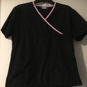 Black scrub top with pale pink lining in front
